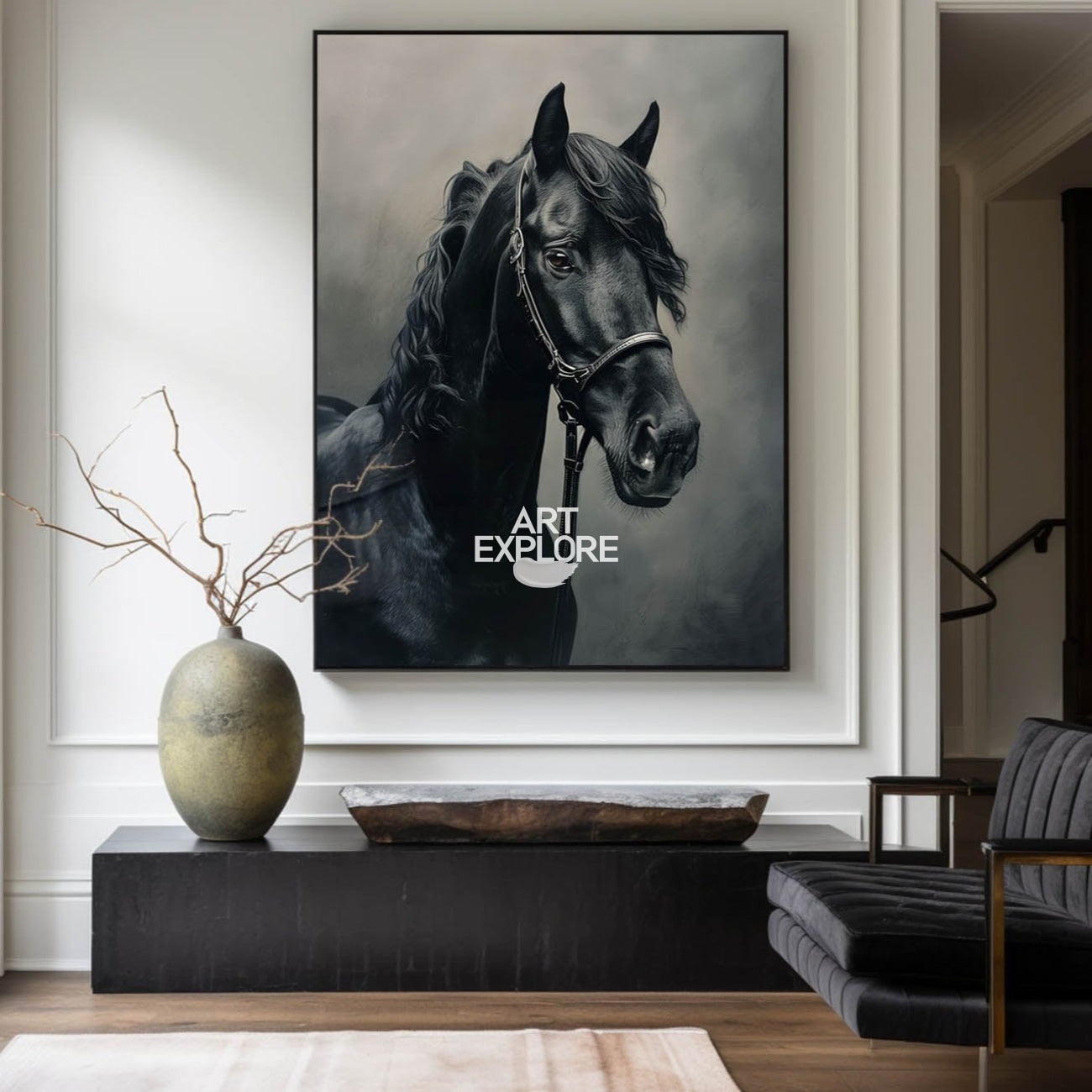 Large Black Horse Oil Painting Wild Horse Canvas Wall Art Black Steed Painting For Sale