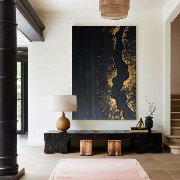 Modern Black Abstract Wall Art Extra Black Gold Large Canvas Large Oil Painting Modern Wall Decor Dining Room
