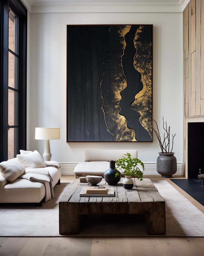 Modern Black Abstract Wall Art Extra Black Gold Large Canvas Large Oil Painting Modern Wall Decor Dining Room