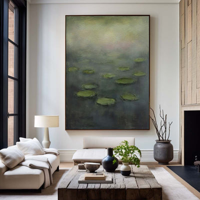 Green Lotus Pond Art Painting Lage Abstract Impressionist Paintings Vertical Artworks for Livingroom