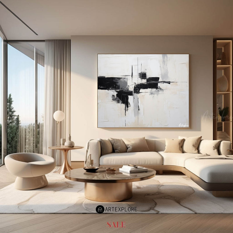 Large Black And White Abstract Art Minimalist Canvas Art Textured Horizontal Paintings