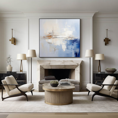 Large Blue And White Minimalist Wall Art Palette Knife Painting Modern Abstract Art Painting