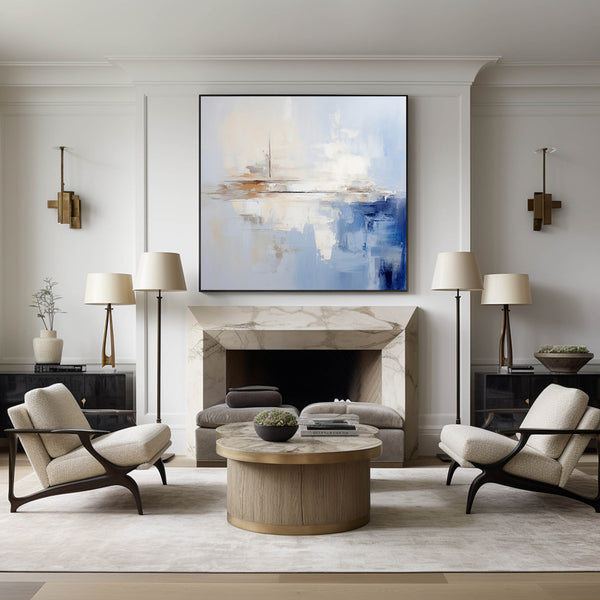 Large Blue And White Minimalist Wall Art Palette Knife Painting Modern Abstract Art Painting