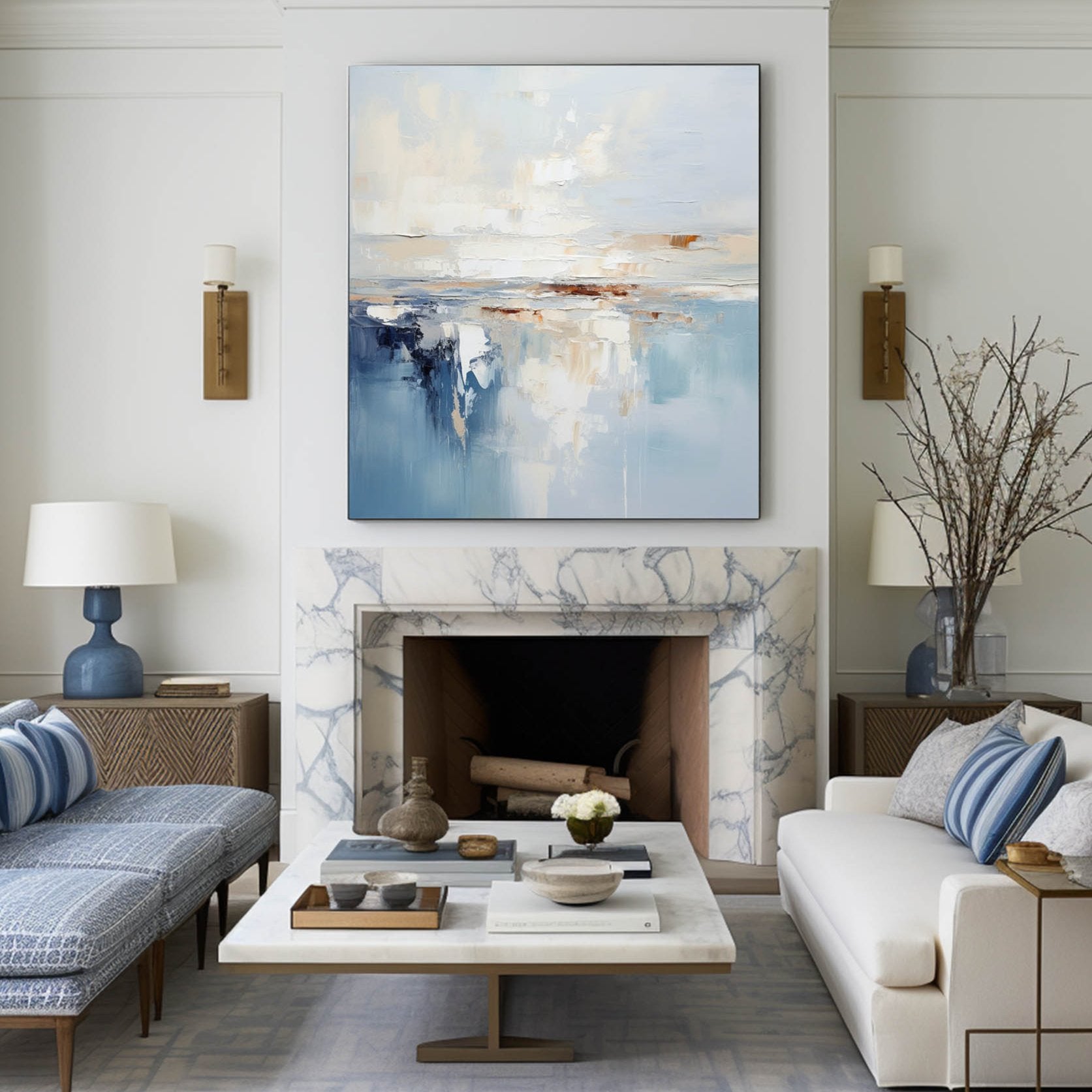 Modern Blue Palette Knife Painting For Livingroom Minimalist Wall Art Blue And White Framed Painting