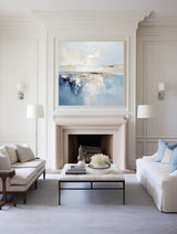 Modern Blue Palette Knife Painting For Livingroom Minimalist Wall Art Blue And White Framed Painting