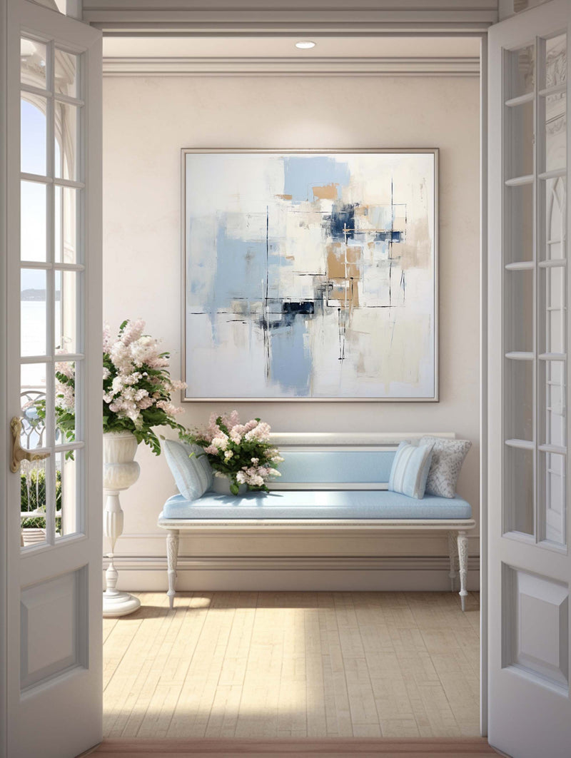 Large Blue Painting Minimalist Wall Art Blue And White Palette Knife Texture Painting