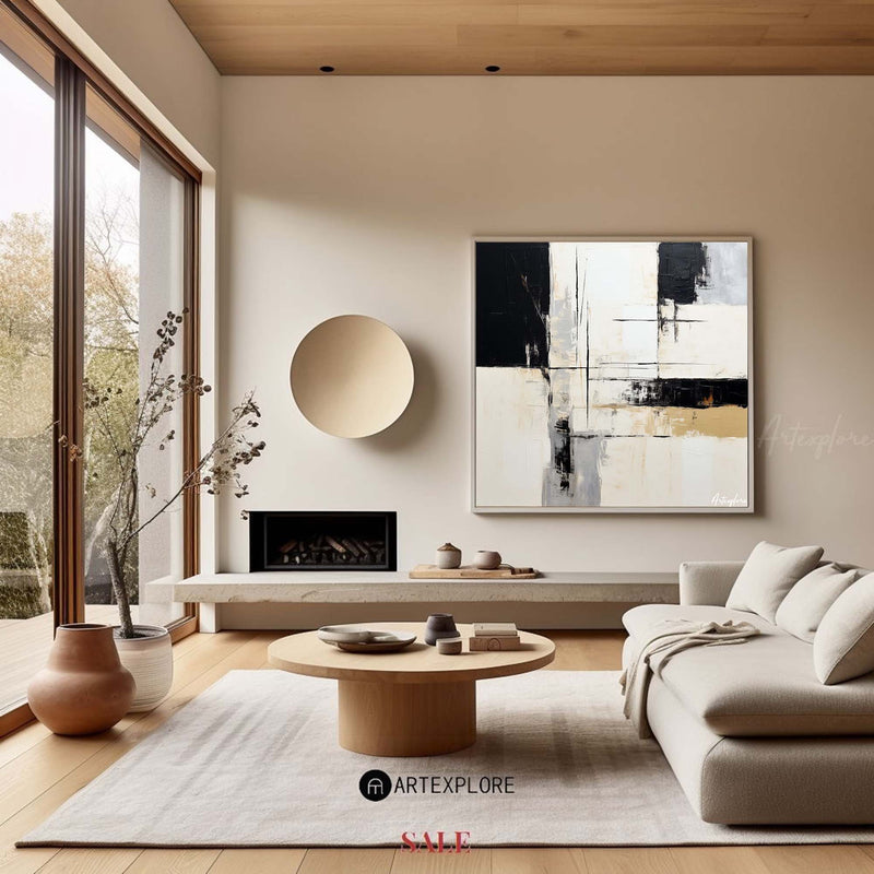 Modern Abstract Minimalist Wall Art Black and White Painting Textured Acrylic Painting For Sale