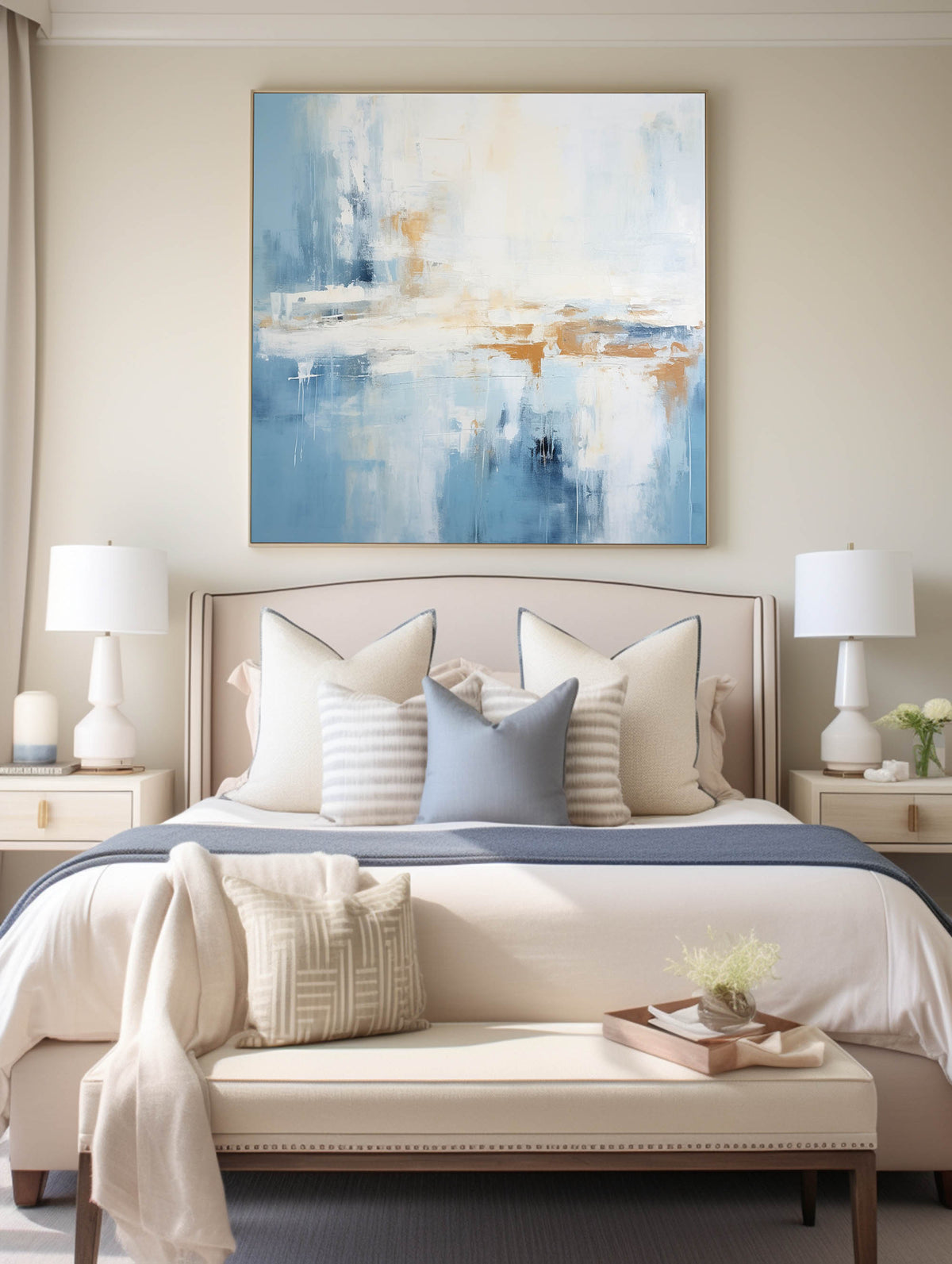 Blue And White Abstract Handmade Paintings Brush Stroke Minimalist Painting Abstract Art