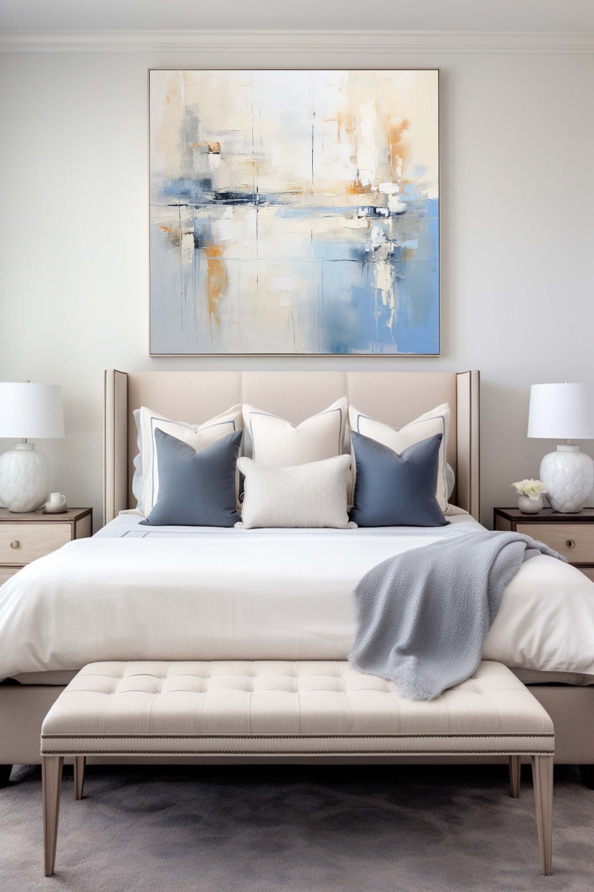 Blue And White Handmade Paintings Brush Stroke Minimalist Canvas Wall Art Abstract Paintings