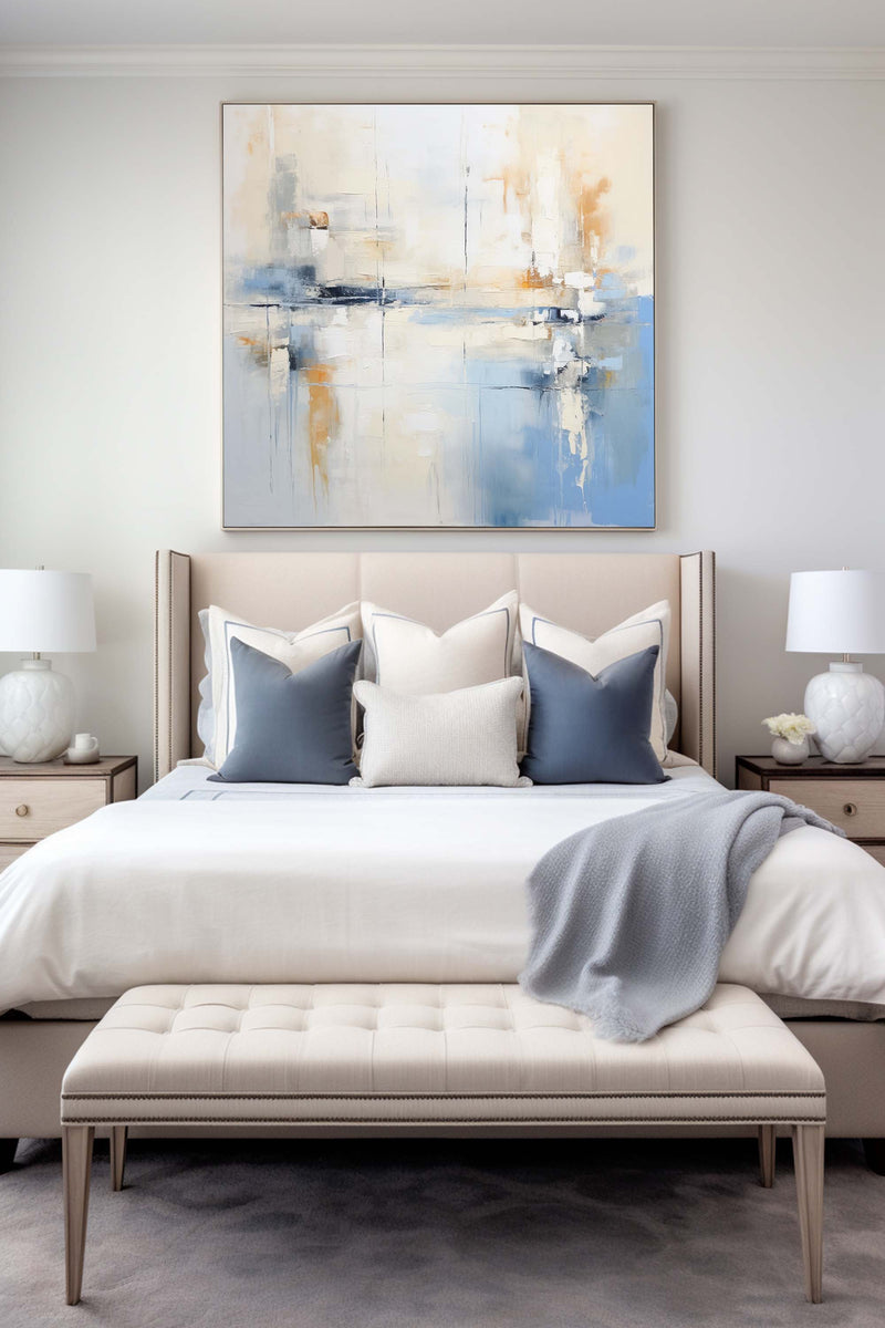 Blue And White Handmade Paintings Brush Stroke Minimalist Canvas Wall Art Abstract Paintings