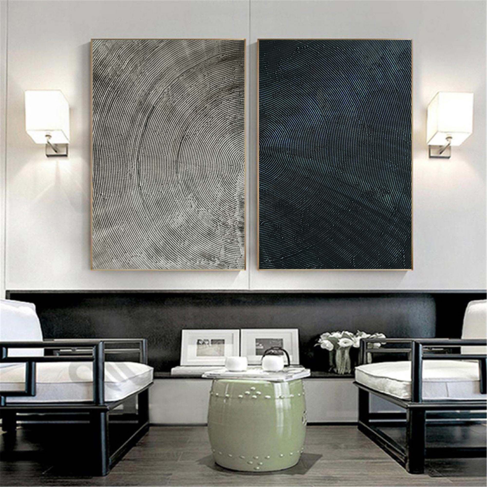 Modern Minimalist Art Texture Art 2 Pieces Black Grey Painting Circular Line Canvas Painting 