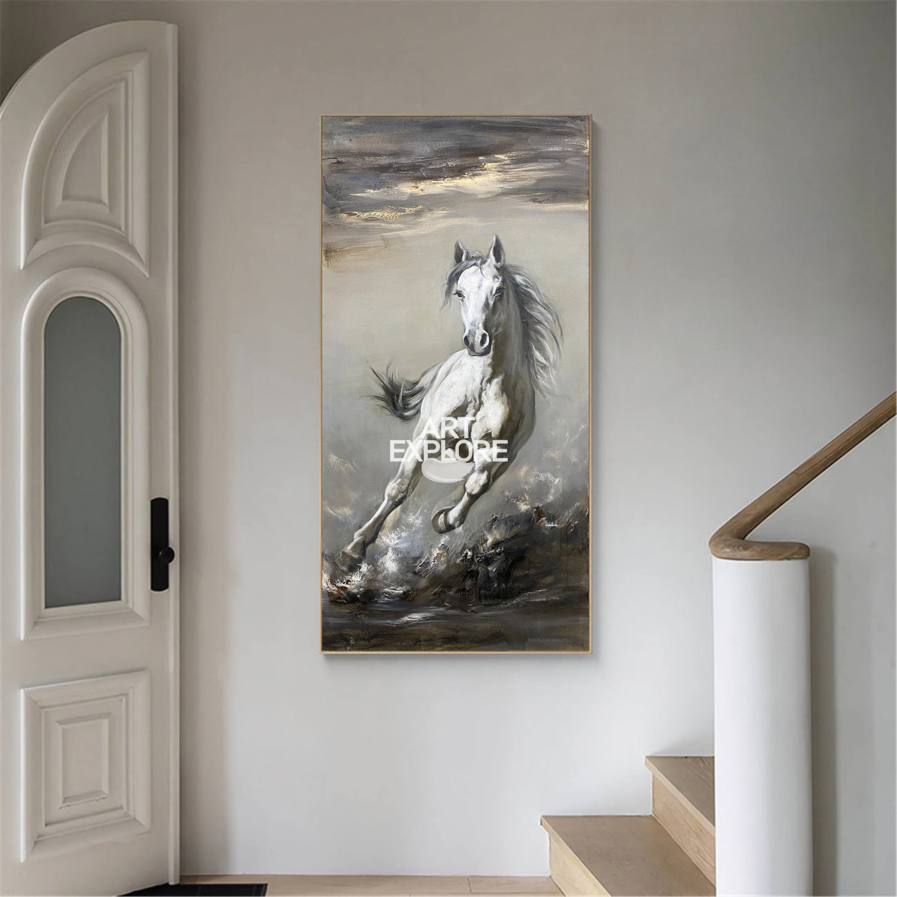 Grey Running Horse Painting On Canvas Large Arabian Horse Wall Art Huge Horse Oil Painting