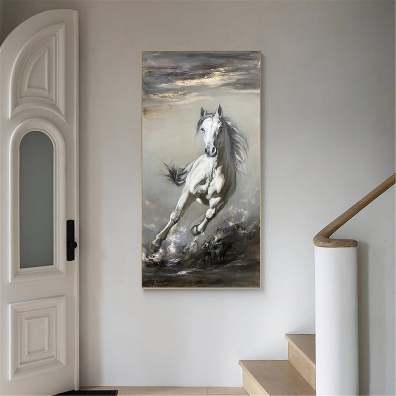 Grey Running Horse Painting On Canvas Large Arabian Horse Wall Art Huge Horse Oil Painting