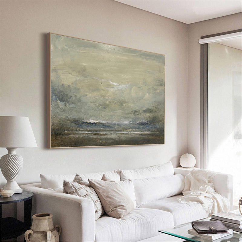 Color Beige Impressionist Seascape Paintings Large Beach Canvas Wall Art Modern Beach Art