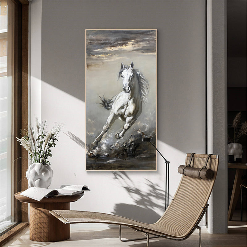 Grey Running Horse Painting On Canvas Large Arabian Horse Wall Art Huge Horse Oil Painting