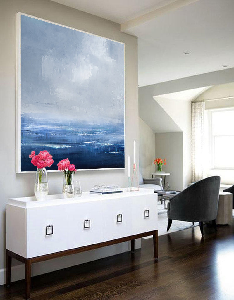 Blue Abstract Ocean Painting On Canvas Framed Modern Ocean Canvas Art Large Canvas Wall Art