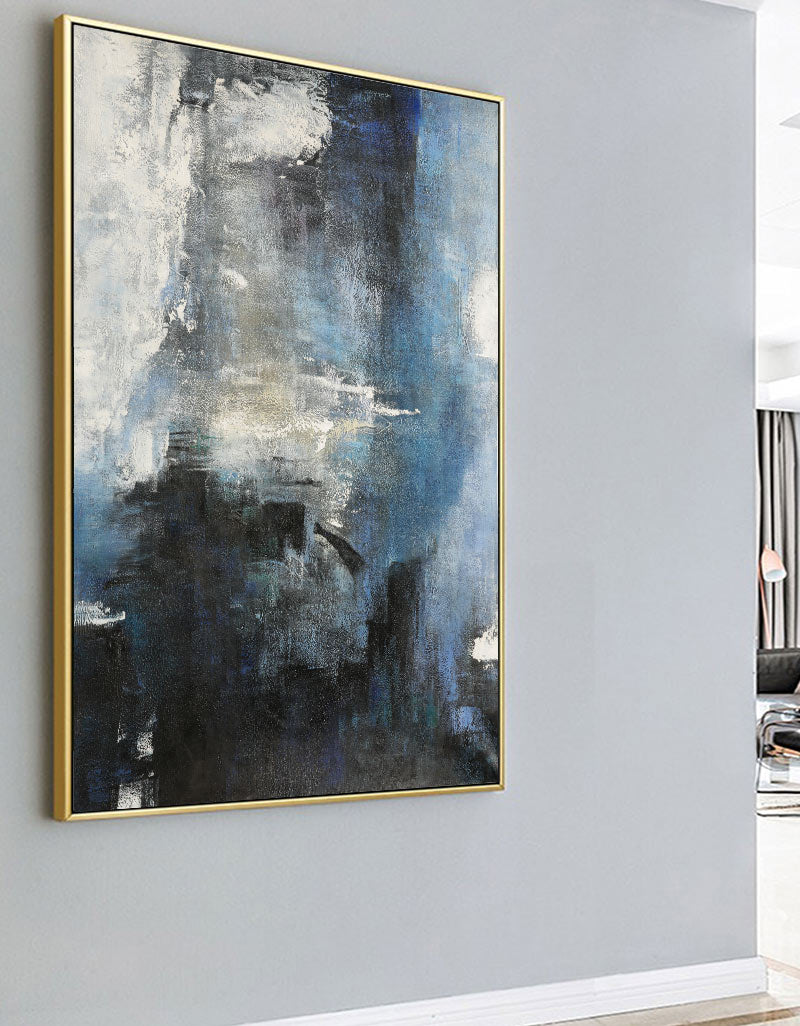 Oversized Blue White Black Abstract Art Dark Blue Painting Modern Blue Art For Wall