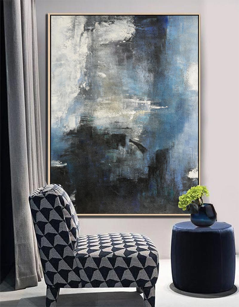 Oversized Blue White Black Abstract Art Dark Blue Painting Modern Blue Art For Wall