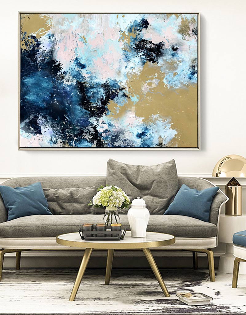 Blue And Gold Abstract Art Extra Large Modern Wall Art For Livingroom