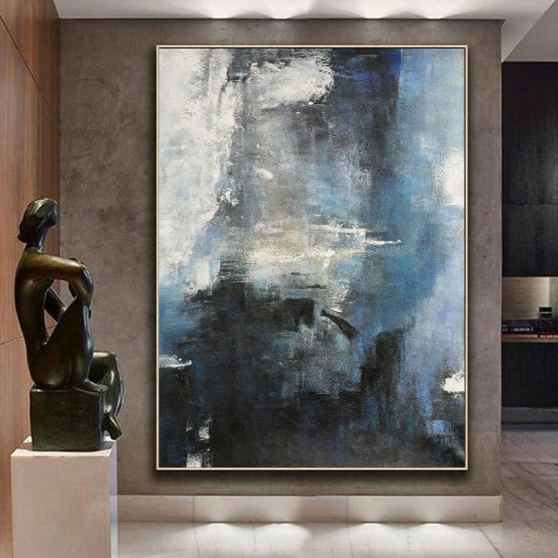 Oversized Blue White Black Abstract Art Dark Blue Painting Modern Blue Art For Wall