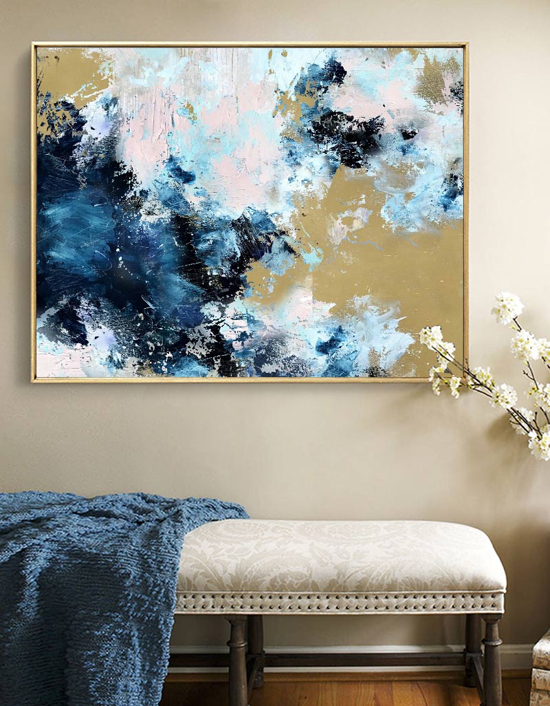 Blue And Gold Abstract Art Extra Large Modern Wall Art For Livingroom