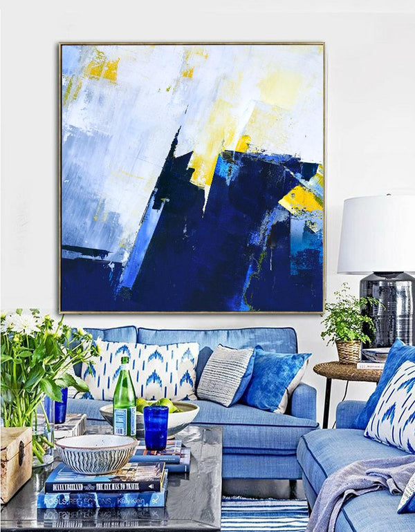 Original Blue And Yellow Abstract Art Extra Large Abstract Squares  Canvas Painting
