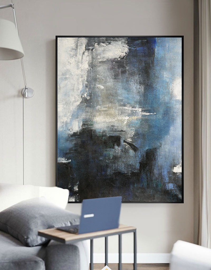 Oversized Blue White Black Abstract Art Dark Blue Painting Modern Blue Art For Wall