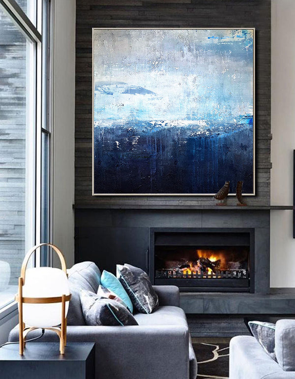 Original Extra Large Square Navy Blue Abstract Ocean Painting On Canvas