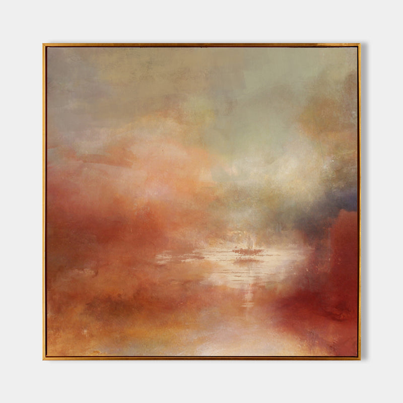 Modern Bright Red Abstract Sunset Landscape Painting Square Modern Canvas Art Painting For Home Decor
