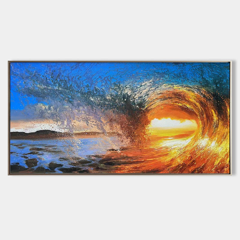 Big Ocean Sunset Painting Orange Wave Wall Art Large Coastal Painting Bright Color Painting Blue Beach Wall Art Framed Sky Canvas Art Decor