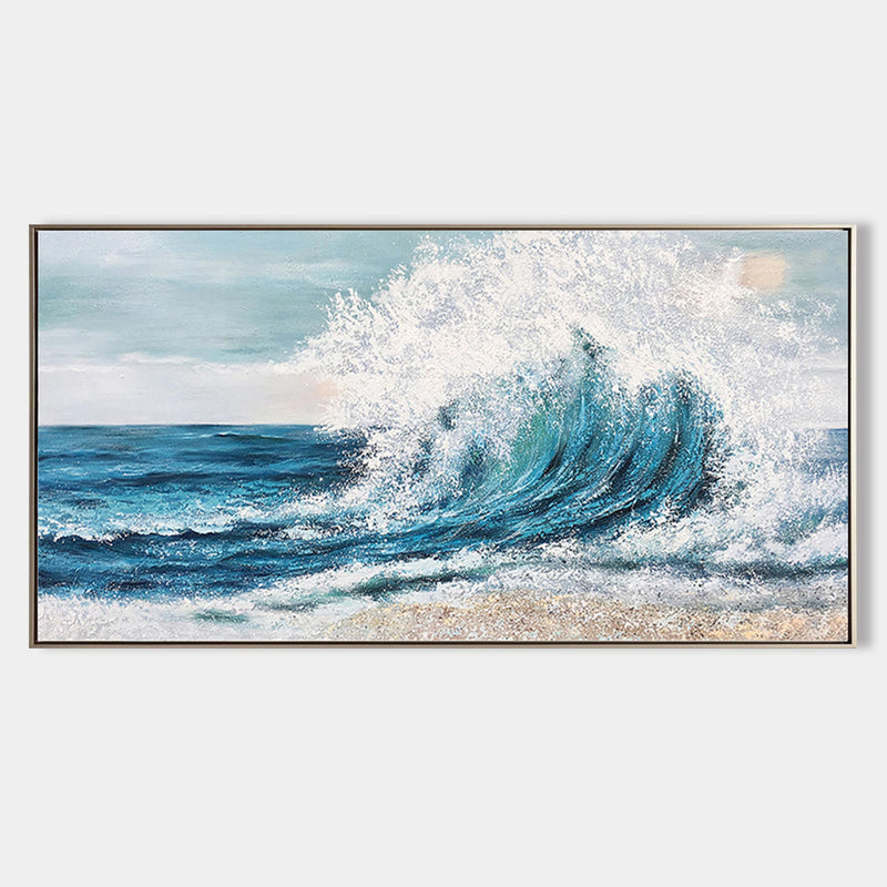 Textured Ocean Wave Wall Art Large Blue Sea Painting Seascape Framed Canvas Wall Are Seaside Panoramic Wall Art Sunset Beach Canvas painting