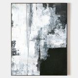 Large Vertical Textured Black White Cyan Abstract Painting On Canvas