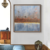 Square Light Blue And Rust Abstract Wall Art Seascape Canvas Painting For Bedroom