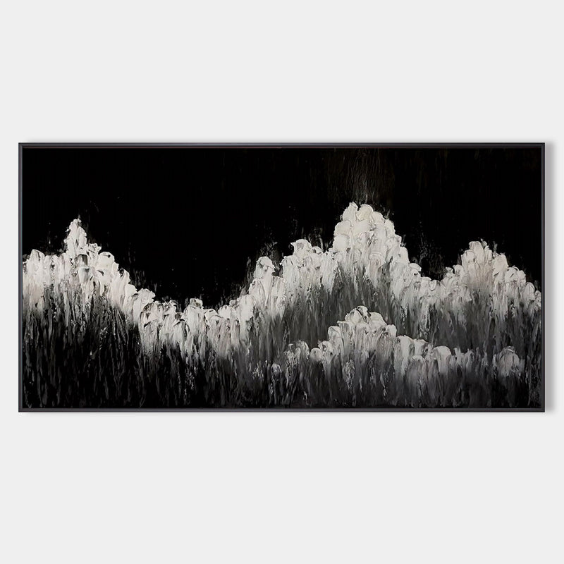 Large Black White Ocean Wave Abstract Painting Panoramic Wall Art Huge Canvas Art For Living Room