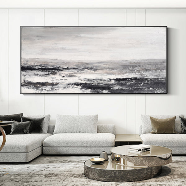 Large Black And White Beach Painting Acrylic Panoramic Abstract Seascapes Extra Large Coastal Wall Art