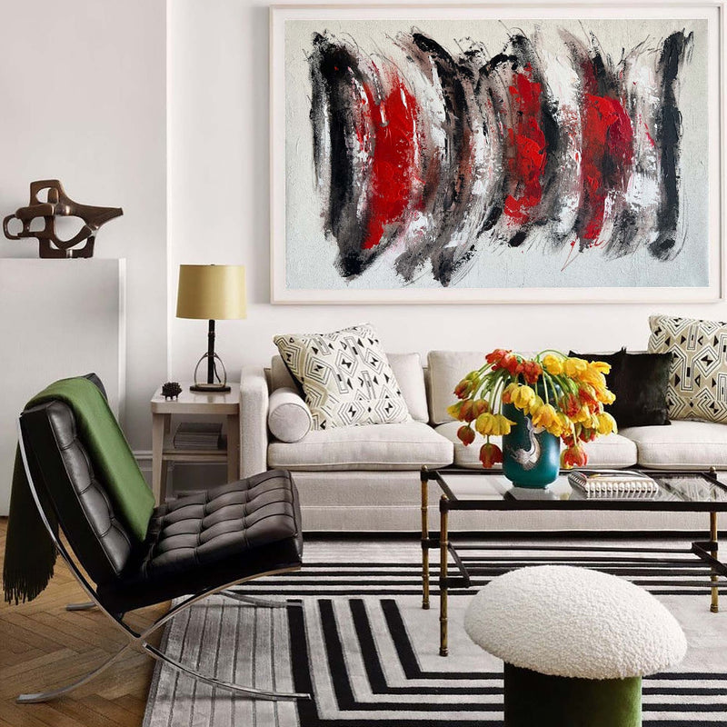 Black And Red Abstract Art Large Modern Interior Canvas Art Long Horizontal Wall Art For Home Decor