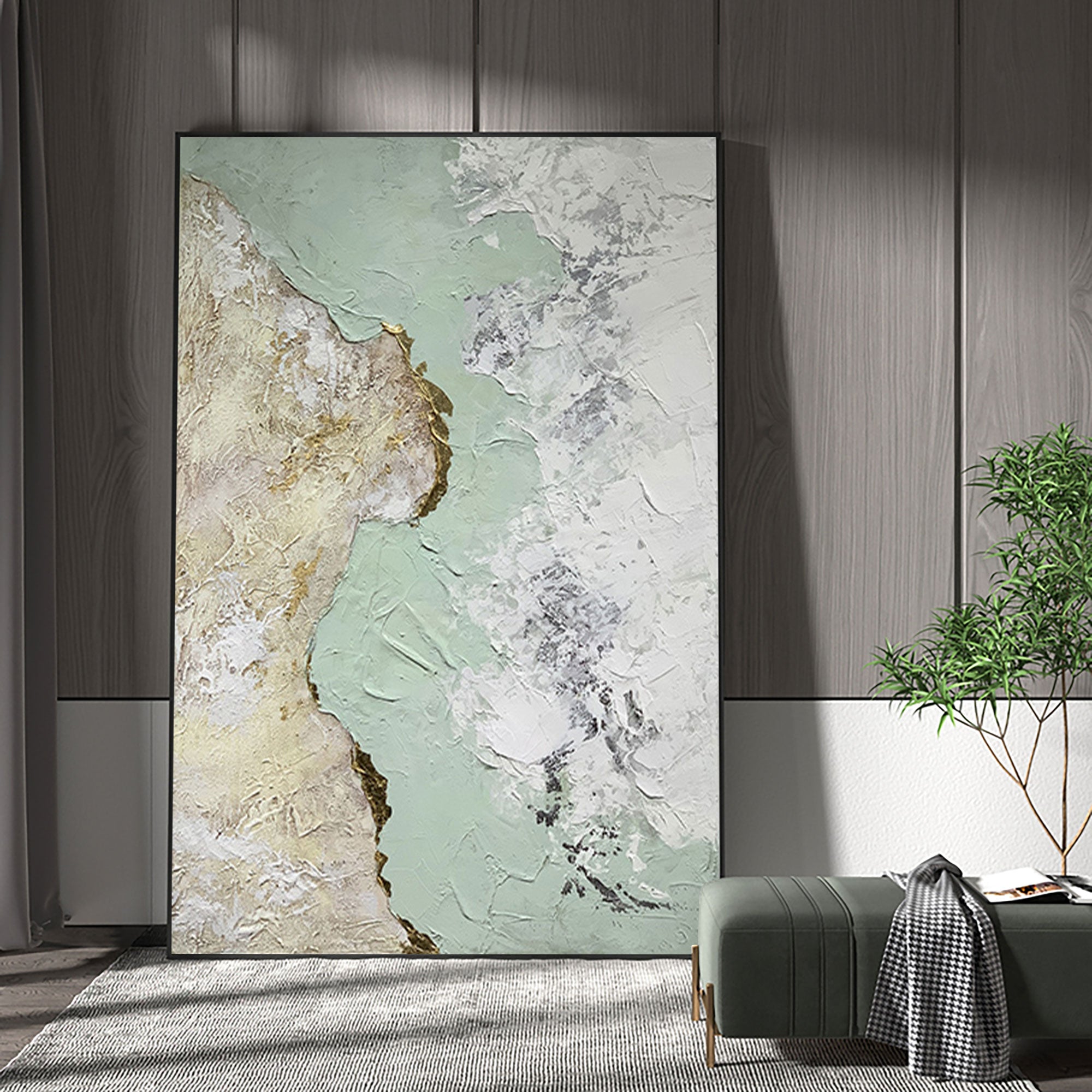 Abstract Green And Gold Canvas Painting Large Original Acrylic Abstract Canvas Art Modern Abstract Painting 