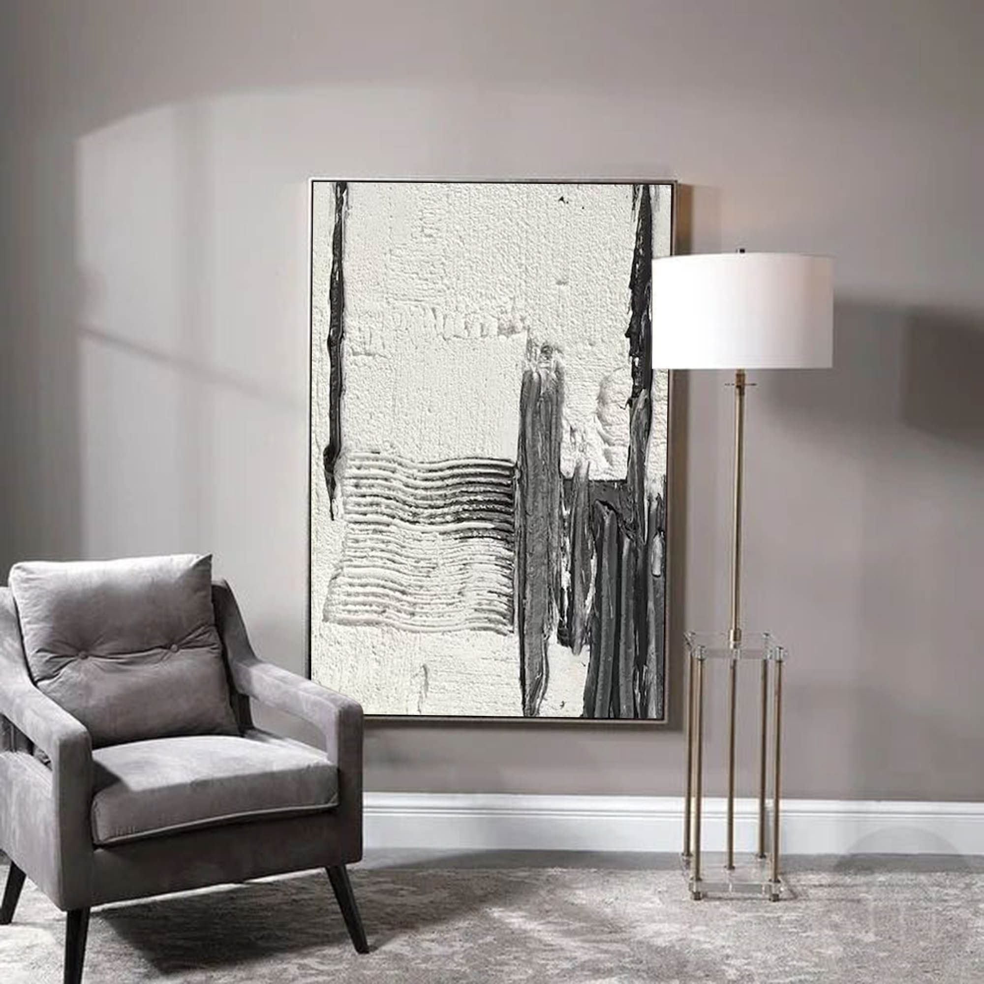 Black And White Textured Painting, Minimalist Abstract Painting, Living Room Black Abstract Art