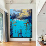 Framed Ocean Wall Art Large Abstract Impressionist Ocean Painting On Canvas Blue And Gold Abstract Canvas Art