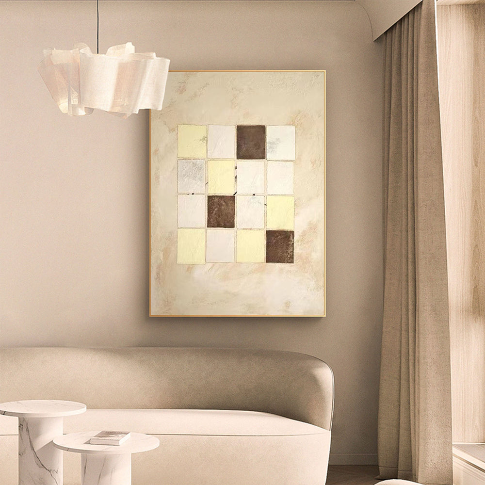 Wabi-sabi Beige Plaided Canvas Art Large Minimalist Wall Art Beige Acrylic Painting For Sale