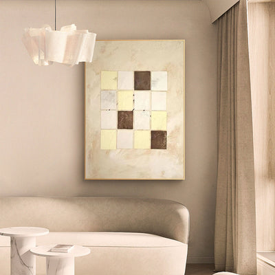 Wabi-sabi Beige Plaided Canvas Art Large Minimalist Wall Art Beige Acrylic Painting For Sale