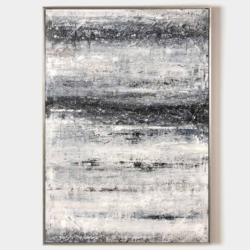 Large Vertical Black And White Abstract Beach Painting Modern Textured Art For Living Room