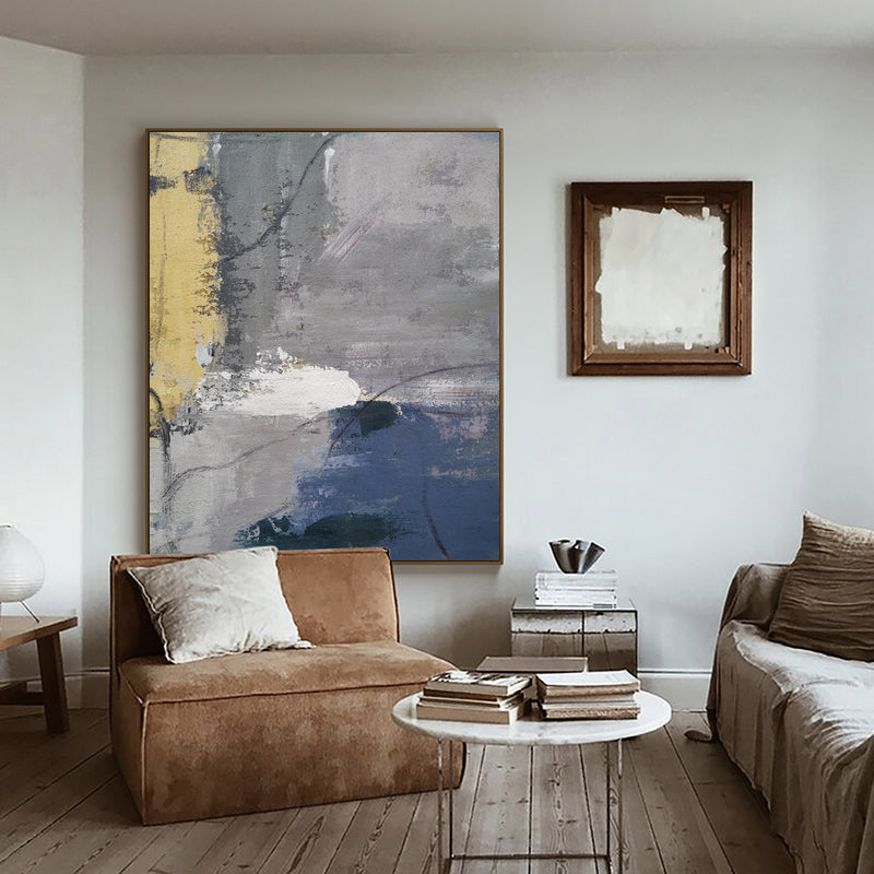 Large Blue Abstract Painting On Canvas Grey And Blue Abstract Artwork Gray And Yellow Canvas Art Oversized Modern Paintings For Living Room