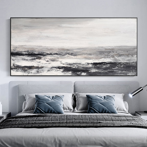 Large Black And White Beach Painting Acrylic Panoramic Abstract Seascapes Extra Large Coastal Wall Art