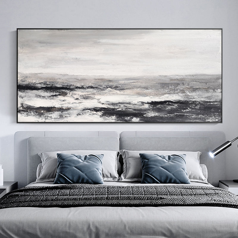 Large Black And White Beach Painting Acrylic Panoramic Abstract Seascapes Extra Large Coastal Wall Art