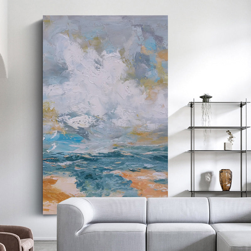 Vertical Modern Beach Canvas Painting Abstract Ocean Painting Large Beach Artwork For Living Room