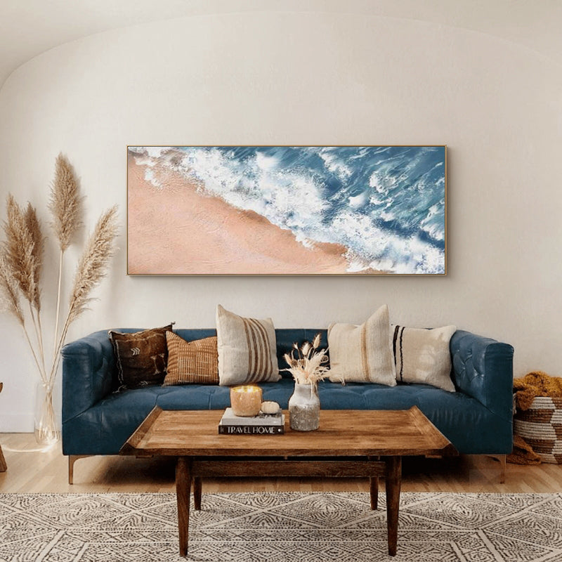 Modern Blue Wave Beach Painting Contemporary Seascape Wall Art Ocea Panoramic Art