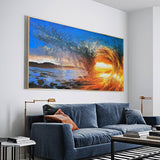 Big Ocean Sunset Painting Orange Wave Wall Art Large Coastal Painting Bright Color Painting Blue Beach Wall Art Framed Sky Canvas Art Decor