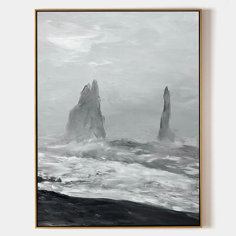 Black And White Sea Shore Oil Painting Large Abstract Ocean Canvas Wall Art Rich Textured Abstract Art Painting