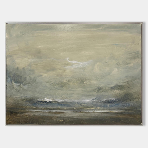 Color Beige Impressionist Seascape Paintings Large Beach Canvas Wall Art Modern Beach Art